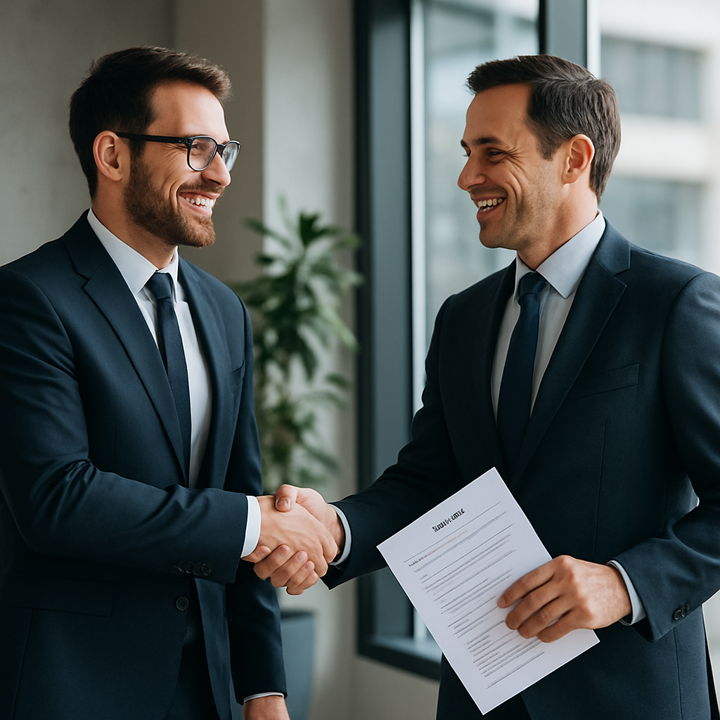 Professional in business attire shaking hands with employer after getting hired
